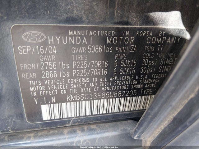 Продаж на аукціоні авто 2005 Hyundai Santa Fe Gls/lx, vin: KM8SC13E85U882205, номер лоту: 46395461