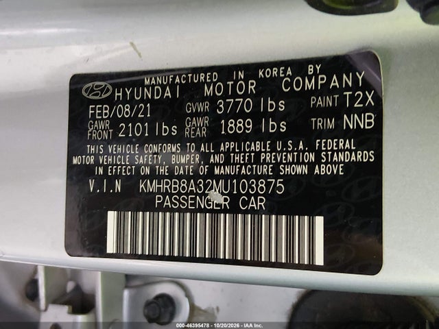 Продажа на аукционе авто 2021 Hyundai Venue Se, vin: KMHRB8A32MU103875, номер лота: 46395478