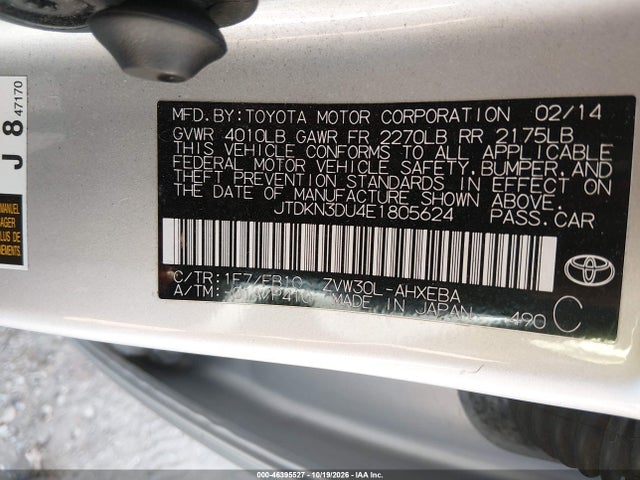 Aukcja sprzedaży 2014 Toyota Prius Two, vin: JTDKN3DU4E1805624, numer aukcji: 46395527