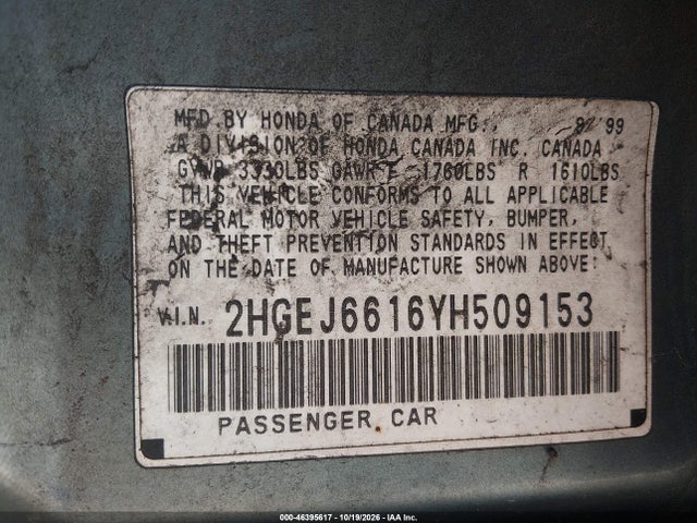 Продажа на аукционе авто 2000 Honda Civic Value Package, vin: 2HGEJ6616YH509153, номер лота: 46395617