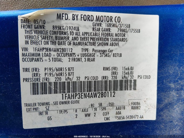 2010 Ford Focus S მანქანა იყიდება აუქციონზე, vin: 1FAHP3EN4AW280112, აუქციონის ნომერი: 46395632