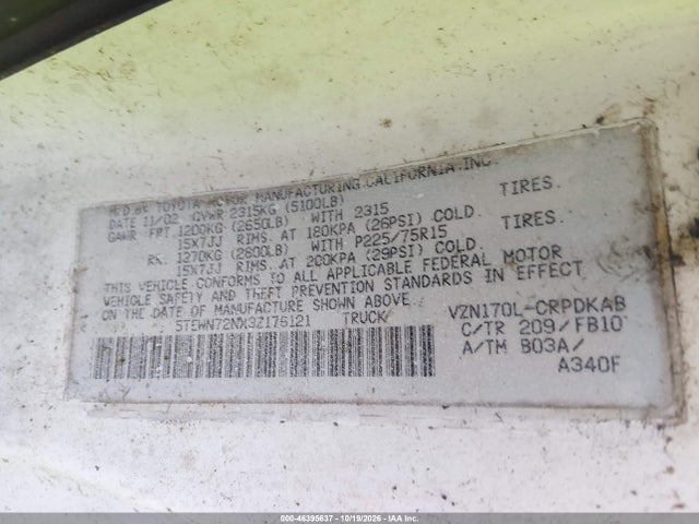 46395637 :رقم المزاد ، 5TEWN72NX3Z176121 vin ، 2003 Toyota Tacoma Base V6 مزاد بيع