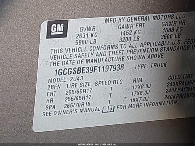 Aukcja sprzedaży 2015 Chevrolet Colorado Lt, vin: 1GCGSBE39F1197938, numer aukcji: 46395659