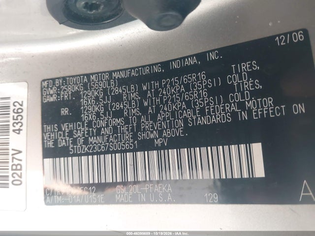 46395689 :رقم المزاد ، 5TDZK23C67S005651 vin ، 2007 Toyota Sienna Le مزاد بيع