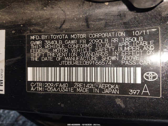 2011 Toyota Corolla მანქანა იყიდება აუქციონზე, vin: JTDBU4EE0B9166574, აუქციონის ნომერი: 46395696