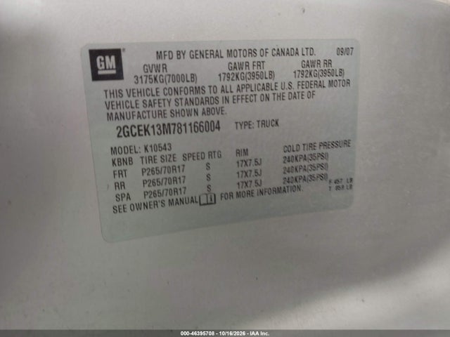 Продаж на аукціоні авто 2008 Chevrolet Silverado 1500 Lt2, vin: 2GCEK13M781166004, номер лоту: 46395708