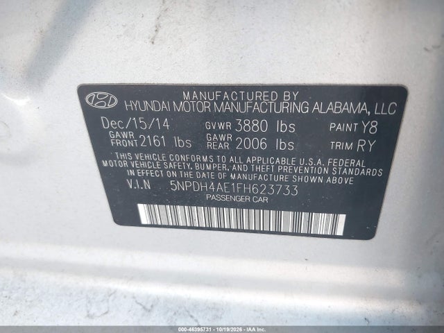 Aukcja sprzedaży 2015 Hyundai Elantra Limited, vin: 5NPDH4AE1FH623733, numer aukcji: 46395731