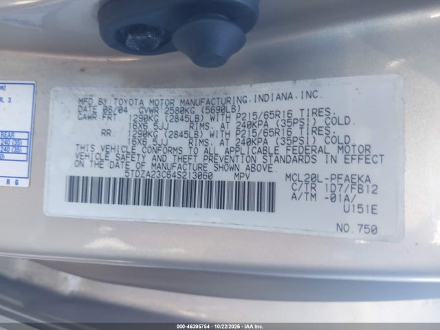 Auction sale of the 2004 Toyota Sienna Le, vin: 5TDZA23C64S213060, lot number: 46395754