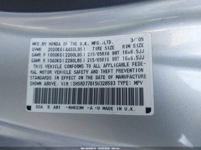Продажа на аукционе авто 2005 Honda Cr-v Ex, vin: SHSRD77815U328593, номер лота: 46395818