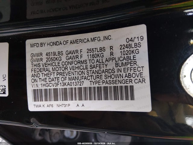 Aukcja sprzedaży 2019 Honda Accord Hybrid, vin: 1HGCV3F13KA013727, numer aukcji: 46395859