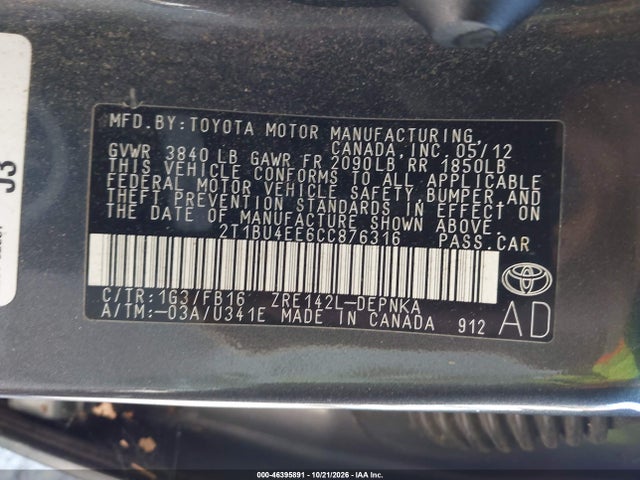 Aukcja sprzedaży 2012 Toyota Corolla Le, vin: 2T1BU4EE6CC876316, numer aukcji: 46395891