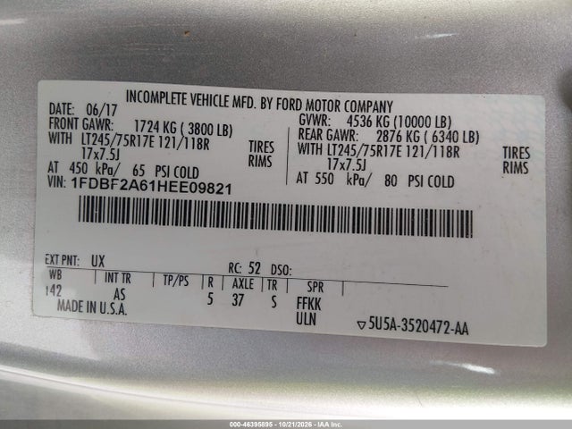 46395895 :رقم المزاد ، 1FDBF2A61HEE09821 vin ، 2017 Ford F-250 Xl مزاد بيع