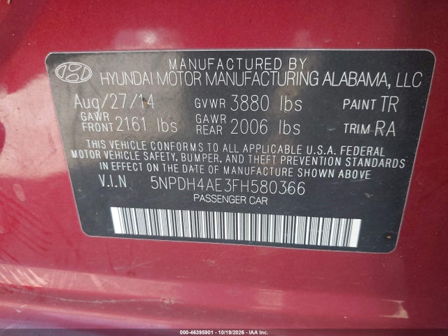 Aukcja sprzedaży 2015 Hyundai Elantra Se, vin: 5NPDH4AE3FH580366, numer aukcji: 46395901