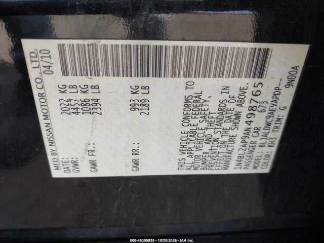 Продажа на аукционе авто 2010 Nissan Altima 3.5 Sr, vin: 1N4BL2AP9AN498765, номер лота: 46395935