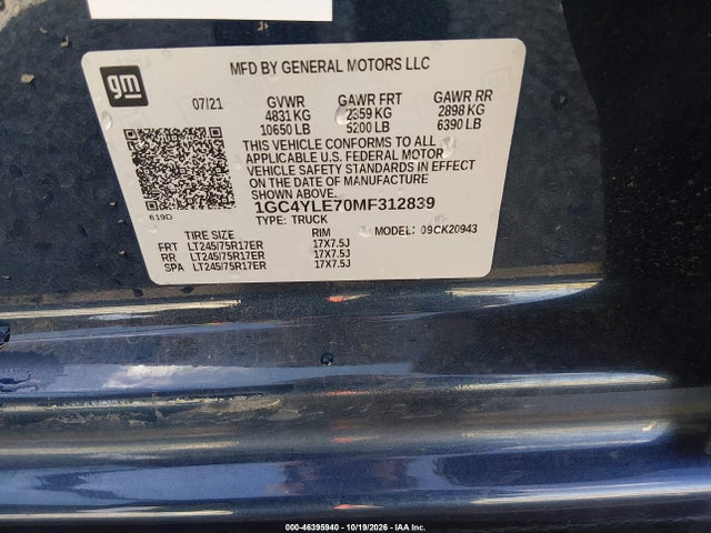 2021 Chevrolet Silverado 2500hd 4wd  Long Bed Wt მანქანა იყიდება აუქციონზე, vin: 1GC4YLE70MF312839, აუქციონის ნომერი: 46395940