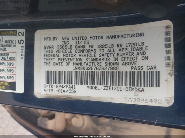 Продажа на аукционе авто 2006 Toyota Corolla Ce, vin: 1NXBR32E76Z627980, номер лота: 46395949