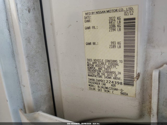 Aukcja sprzedaży 2012 Nissan Altima 3.5 Sr, vin: 1N4BL2AP0CC224398, numer aukcji: 46395976