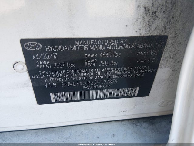 2018 Hyundai Sonata Limited 2.0t მანქანა იყიდება აუქციონზე, vin: 5NPE34AB6JH627875, აუქციონის ნომერი: 46396183