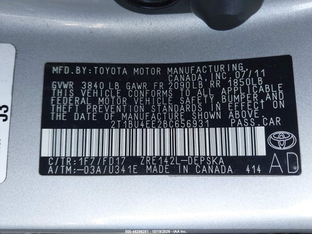 2011 Toyota Corolla S მანქანა იყიდება აუქციონზე, vin: 2T1BU4EE2BC656931, აუქციონის ნომერი: 46396281
