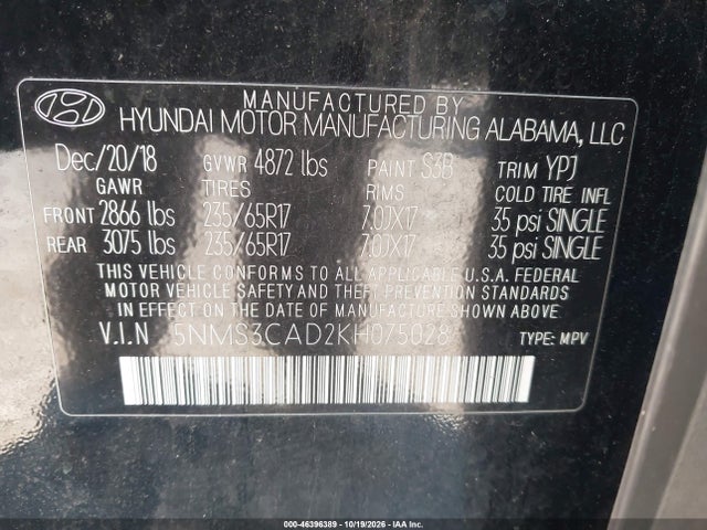 46396389 :رقم المزاد ، 5NMS3CAD2KH075028 vin ، 2019 Hyundai Santa Fe Sel مزاد بيع
