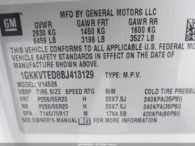 2011 Gmc Acadia Denali მანქანა იყიდება აუქციონზე, vin: 1GKKVTED8BJ413129, აუქციონის ნომერი: 46396392