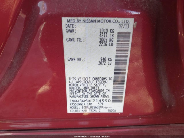 2013 Nissan Altima 2.5 Sv მანქანა იყიდება აუქციონზე, vin: 1N4AL3AP3DC214550, აუქციონის ნომერი: 46396397