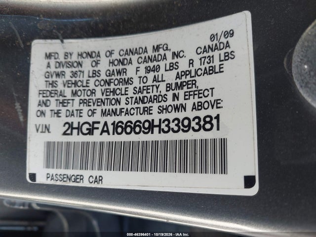 Aukcja sprzedaży 2009 Honda Civic Lx-s, vin: 2HGFA16669H339381, numer aukcji: 46396401
