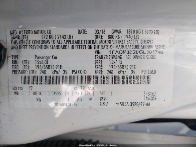 Продажа на аукционе авто 2016 Ford Focus S, vin: 1FADP3E20GL301746, номер лота: 46396409
