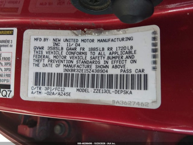 Aukcja sprzedaży 2005 Toyota Corolla S, vin: 1NXBR32E15Z438904, numer aukcji: 46396496
