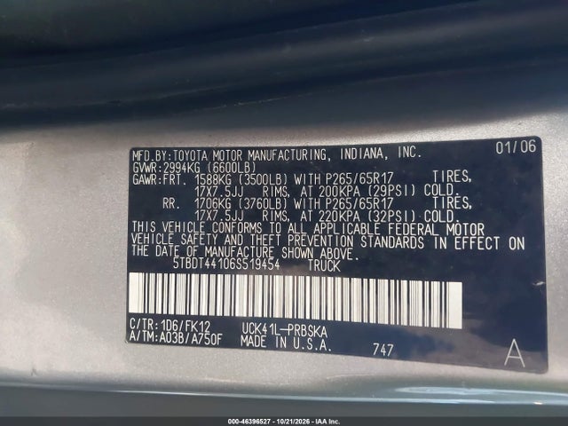 2006 Toyota Tundra Sr5 V8 მანქანა იყიდება აუქციონზე, vin: 5TBDT44106S519454, აუქციონის ნომერი: 46396527