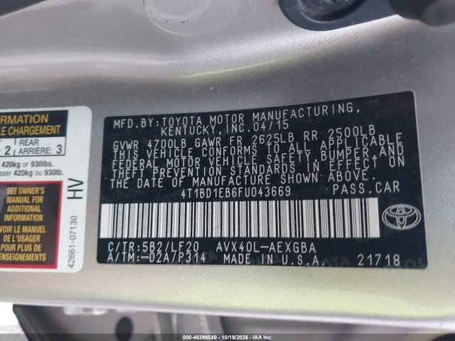 Aukcja sprzedaży 2015 Toyota Avalon Hybrid Xle Premium, vin: 4T1BD1EB6FU043669, numer aukcji: 46396549