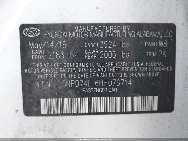 Продаж на аукціоні авто 2017 Hyundai Elantra Se, vin: 5NPD74LF6HH076714, номер лоту: 46396604