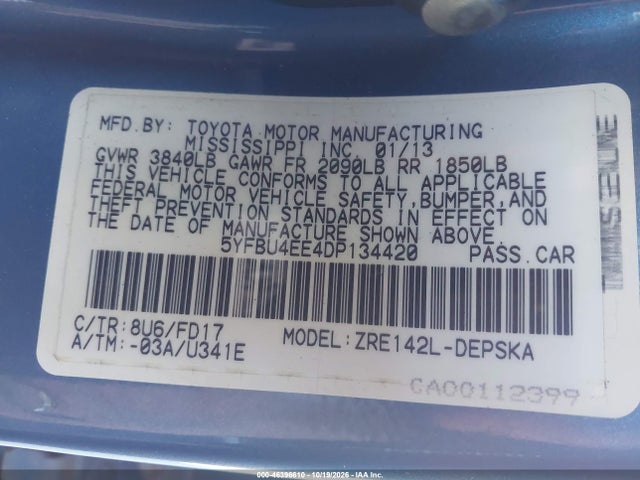 Aukcja sprzedaży 2013 Toyota Corolla S, vin: 5YFBU4EE4DP134420, numer aukcji: 46396610