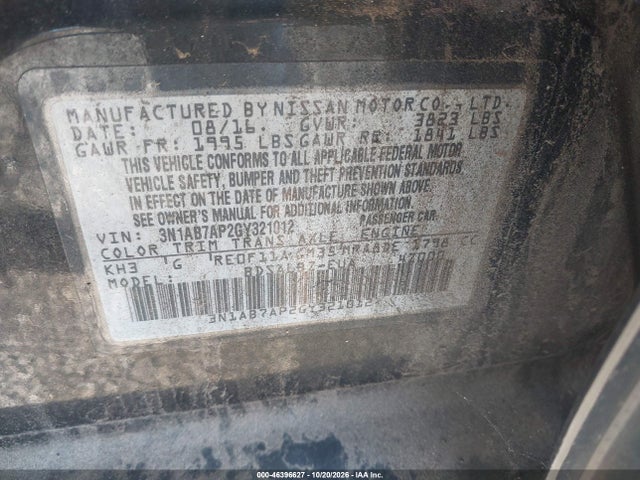Aukcja sprzedaży 2016 Nissan Sentra S, vin: 3N1AB7AP2GY321012, numer aukcji: 46396627