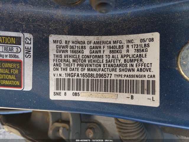 46396670 :رقم المزاد ، 1HGFA16508L096577 vin ، 2008 Honda Civic Lx مزاد بيع