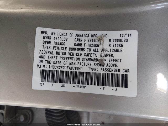 Honda ACCORD LX 2015 1HGCR2F31FA076041 Image 9