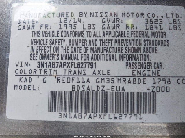 Продаж на аукціоні авто 2015 Nissan Sentra Fe+ S/s/sl/sr/sv, vin: 3N1AB7APXFL627791, номер лоту: 46396774
