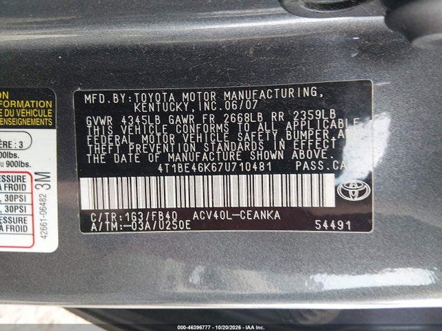 Продаж на аукціоні авто 2007 Toyota Camry Le, vin: 4T1BE46K67U710481, номер лоту: 46396777