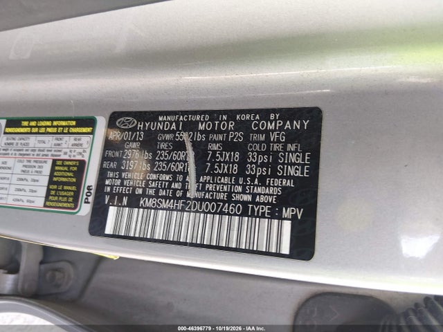 Продаж на аукціоні авто 2013 Hyundai Santa Fe Gls, vin: KM8SM4HF2DU007460, номер лоту: 46396779