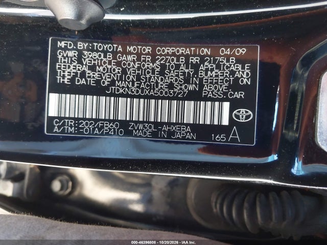 46396808 :رقم المزاد ، JTDKN3DUXA5003727 vin ، 2010 Toyota Prius Iii مزاد بيع