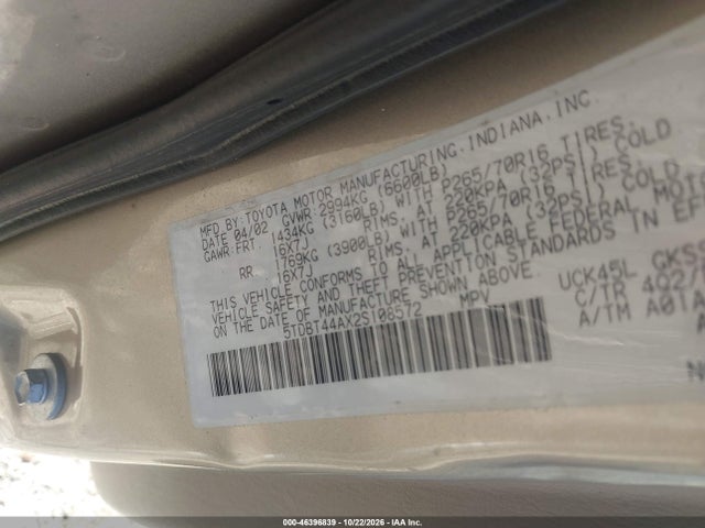 46396839 :رقم المزاد ، 5TDBT44AX2S108572 vin ، 2002 Toyota Sequoia Sr5 V8 مزاد بيع