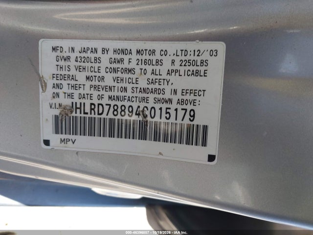46396857 :رقم المزاد ، JHLRD78894C015179 vin ، 2004 Honda Cr-v Ex مزاد بيع