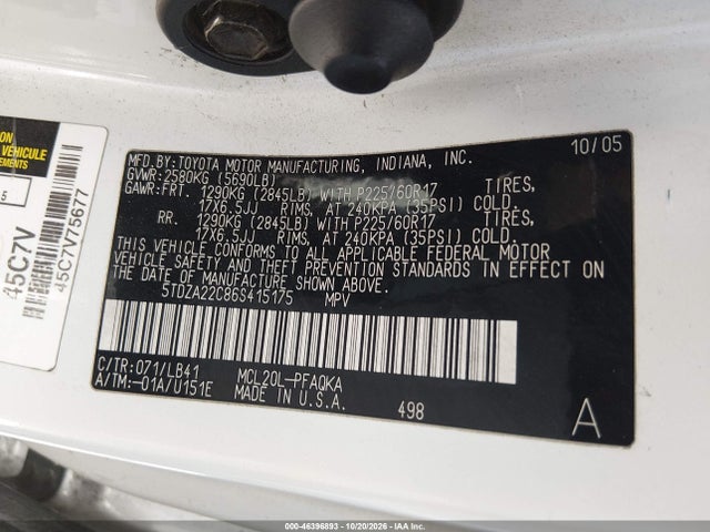 Aukcja sprzedaży 2006 Toyota Sienna Xle, vin: 5TDZA22C86S415175, numer aukcji: 46396893