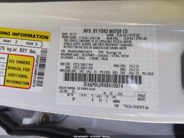 Продажа на аукционе авто 2017 Ford Fusion Hybrid Se, vin: 3FA6P0LU9HR410074, номер лота: 46396929