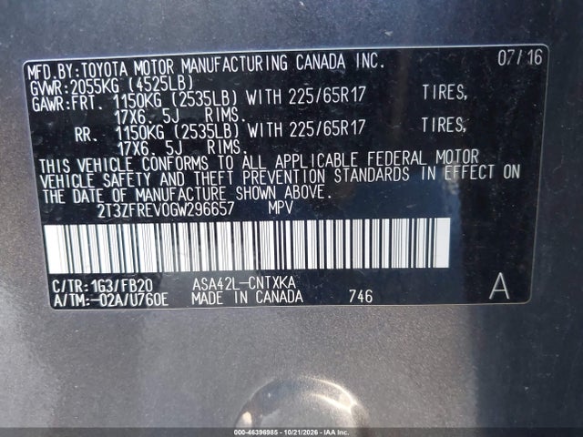 46396985 :رقم المزاد ، 2T3ZFREV0GW296657 vin ، 2016 Toyota Rav4 Le مزاد بيع