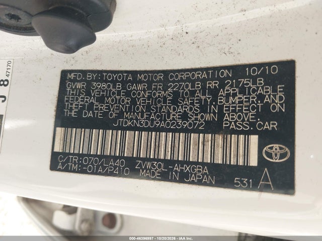 Продаж на аукціоні авто 2010 Toyota Prius Iv, vin: JTDKN3DU9A0239072, номер лоту: 46396997