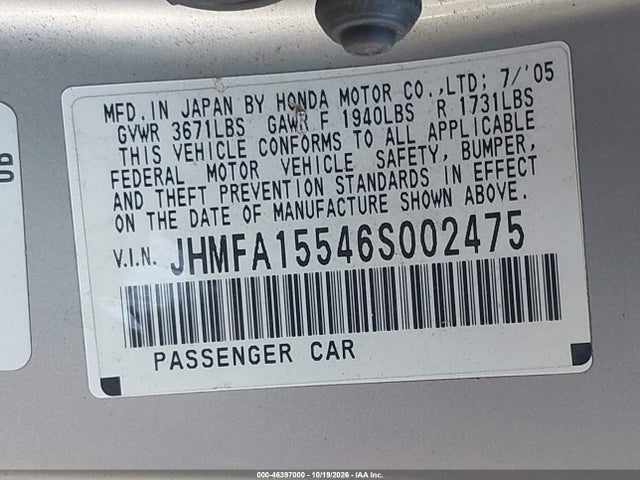 Aukcja sprzedaży 2006 Honda Civic Lx, vin: JHMFA15546S002475, numer aukcji: 46397000