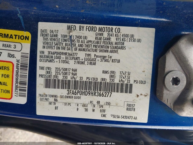 Продаж на аукціоні авто 2017 Ford Fusion Se, vin: 3FA6P0HD9HR366277, номер лоту: 46397001