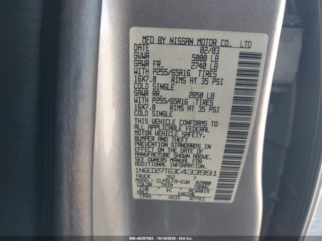 Продаж на аукціоні авто 2003 Nissan Frontier Se-v6, vin: 1N6ED27T63C433991, номер лоту: 46397092