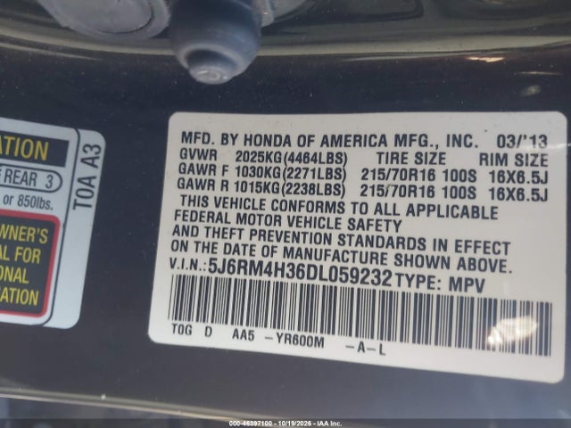 Продажа на аукционе авто 2013 Honda Cr-v Lx, vin: 5J6RM4H36DL059232, номер лота: 46397100
